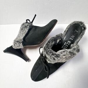 Vintage Anne Klein New York Black Suede Faux Fur Mule Heels Italy 90s Y2K 9.5